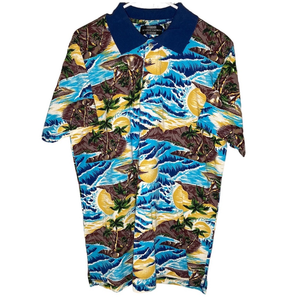 Expressions Hawaiian Shirt Men’s XL Ocean Blue 100% Cotton Summer Island Resort